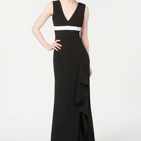Calvin Klein Dresses & Skirts - Calvin Klein Sleeveless V-Neck Maxi Ruffle Dress- Black/White- Size 14- NWT